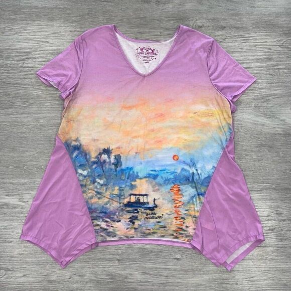 Leoma Lovegrove Top Women’s Large Colorful Asymmetrical Beach Art Short Sleeve - Picture 1 of 7
